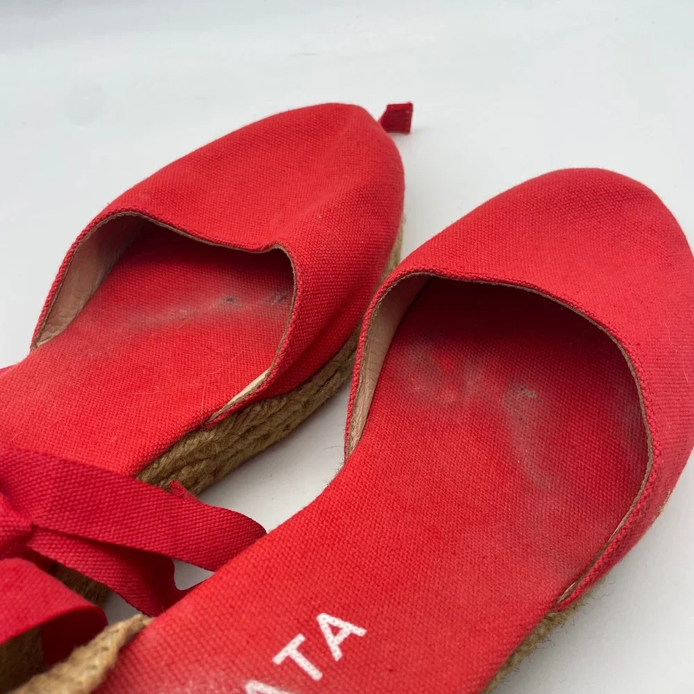 Viscata Barcelona Espadrille Wedge Ankle‎ Tie Up Red Canvas Shoes Size 41/ US 10
